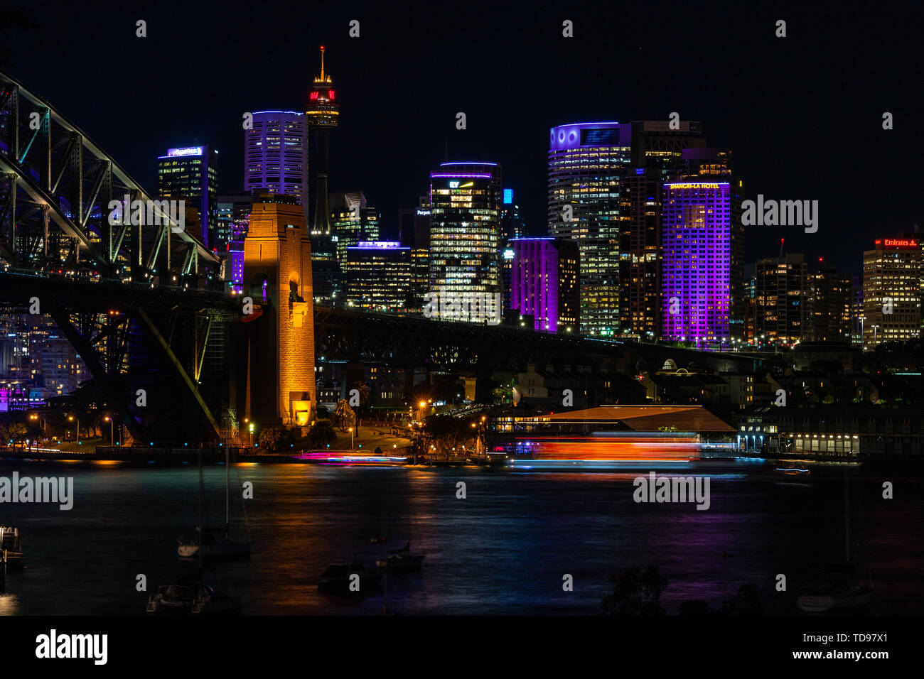 The Sydney Harbour at night during the popular light festival Vivid. Sydney, Australia. Stock Photo