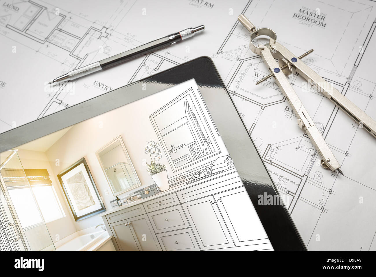 Computer Tablet with Master Bathroom Design Over House Plans, Pencil and Compass. Stock Photo