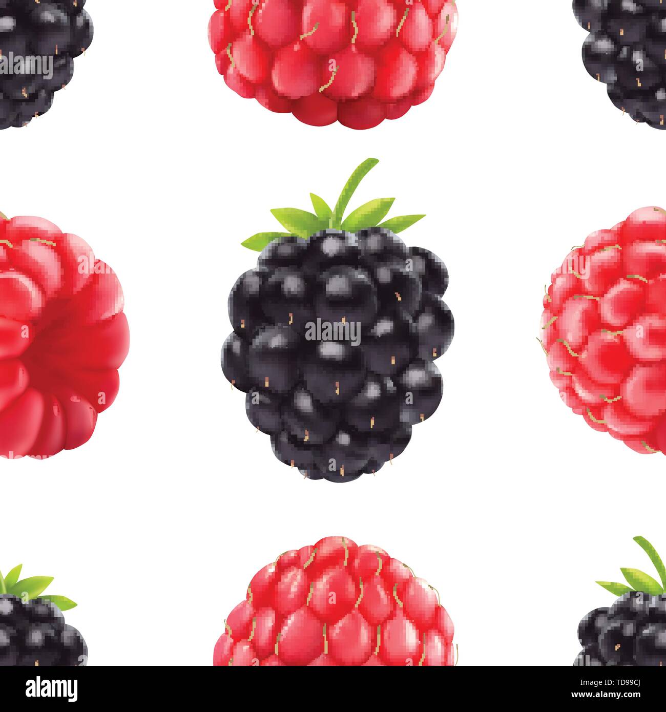 Blackberries and raspberries seamless pattern. 3d realistic berries. Stock Vector