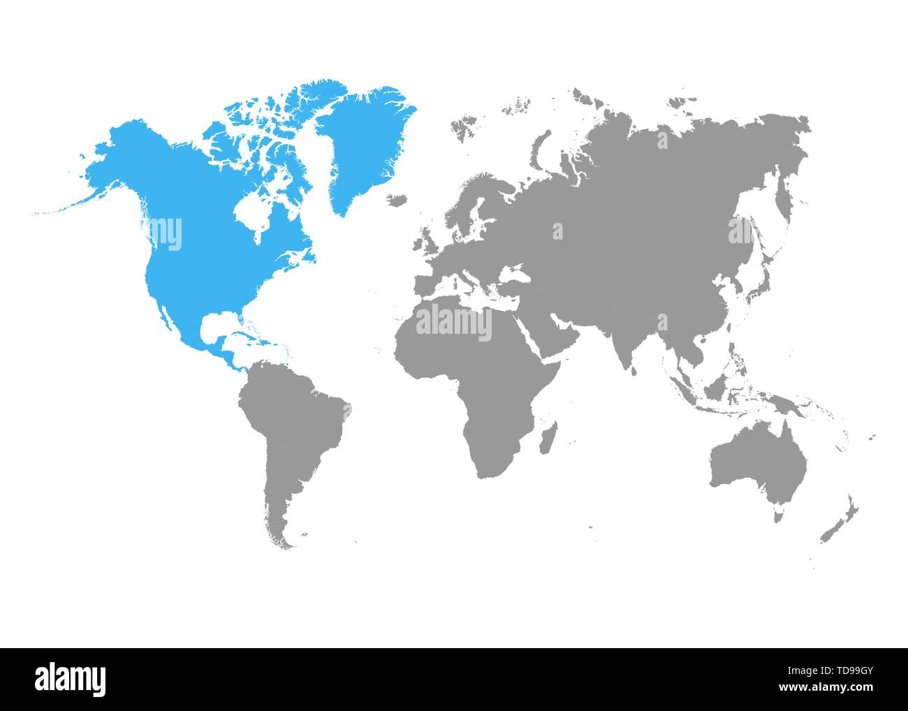 North America On World Map Grey world map. North america blue color. Vector Stock Vector 