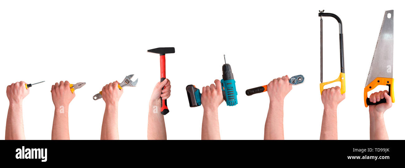 Hands with different tools isolated on white background. Stock Photo