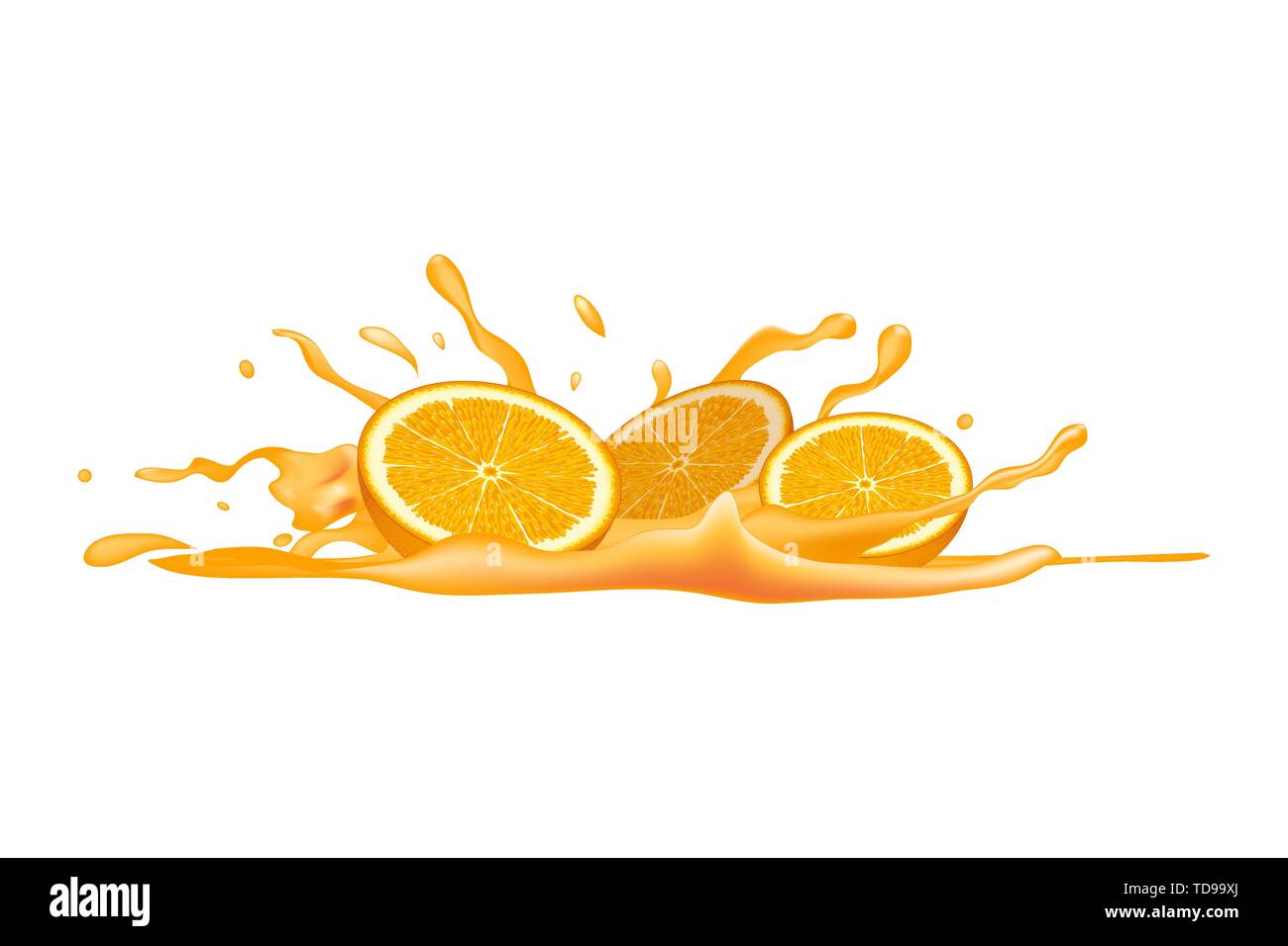 Orange halves in juice with splashes. Vector illustration Stock Vector