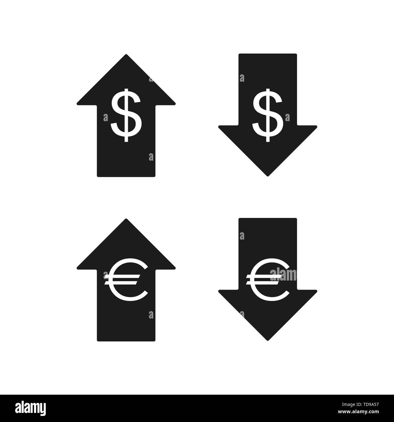 Euro and dollar icons. Up and down. Vector icons Stock Vector