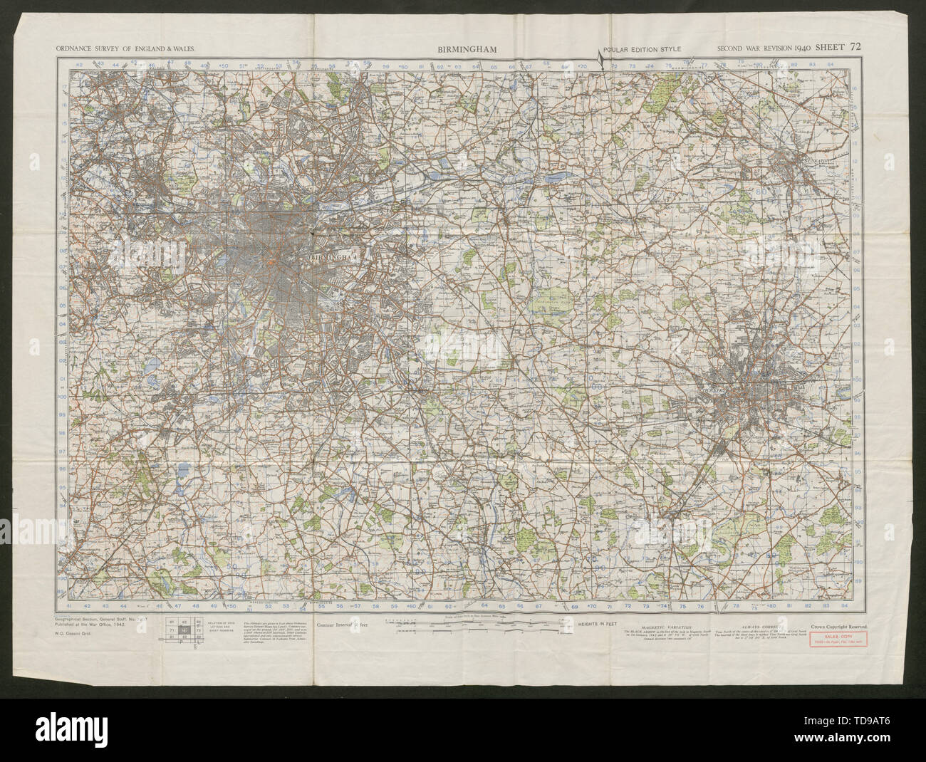 War Revision Sheet 72 BIRMINGHAM Coventry West Midlands ORDNANCE SURVEY 1942 map Stock Photo