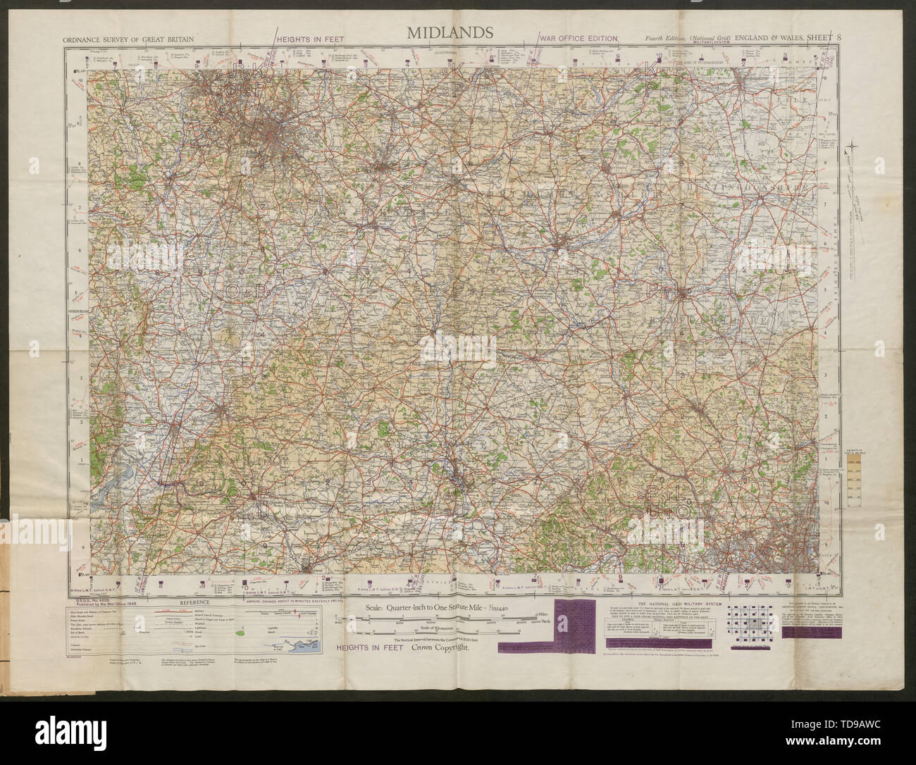 War Office Sheet 8 MIDLANDS. Cotswolds Chilterns. ORDNANCE SURVEY 1948 map Stock Photo