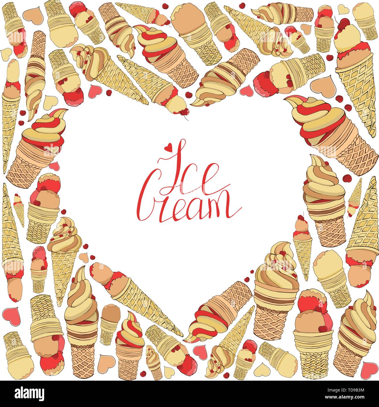 Heart made of elements. Hand drawn ice creams in yellow beige creamy ...