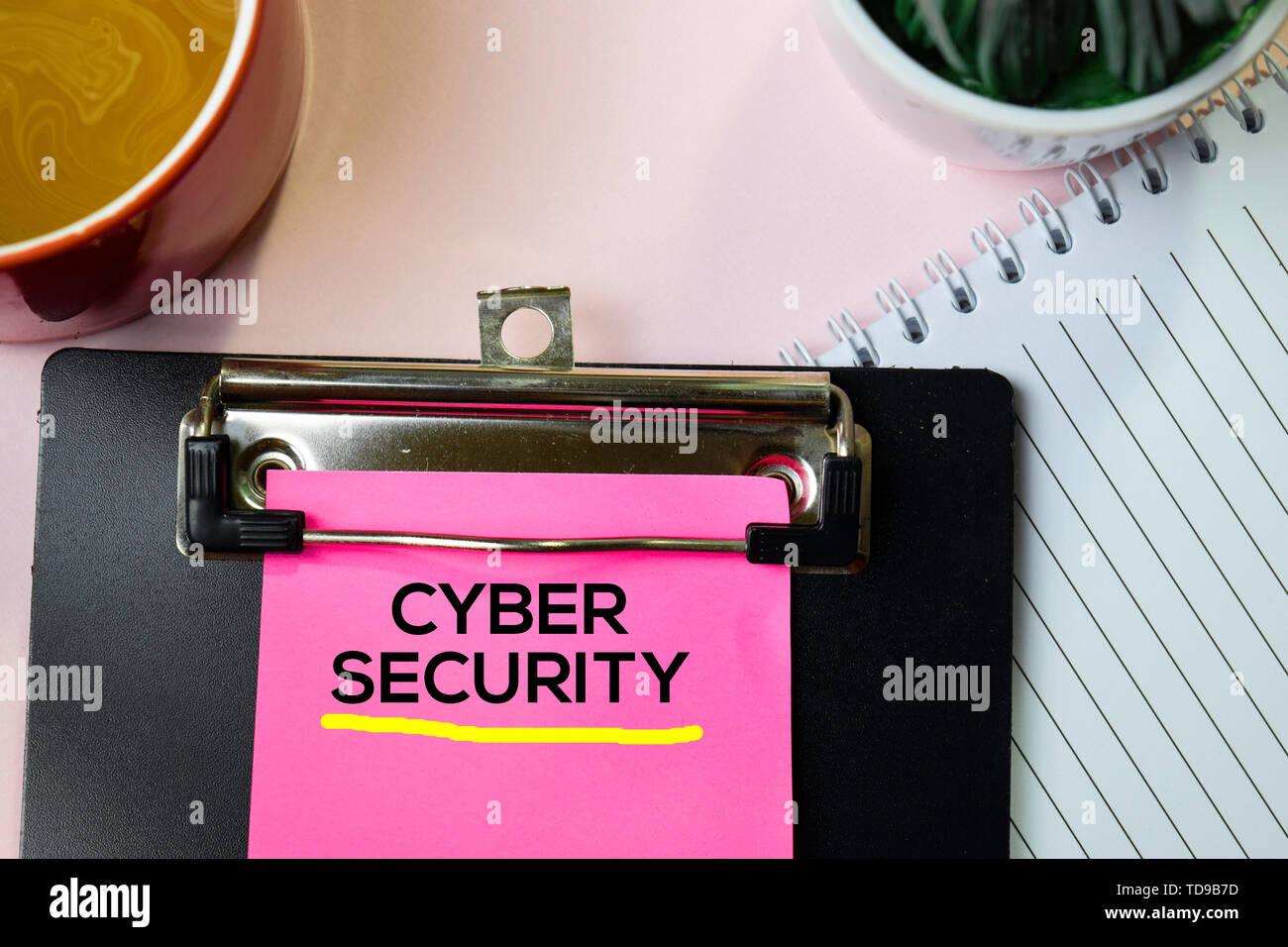 Cyber Security text on sticky notes with office desk concept Stock Photo