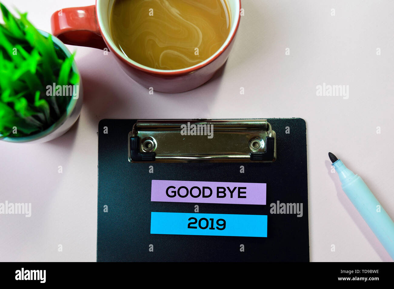 Good Bye 2019 text on sticky notes with office desk concept Stock Photo