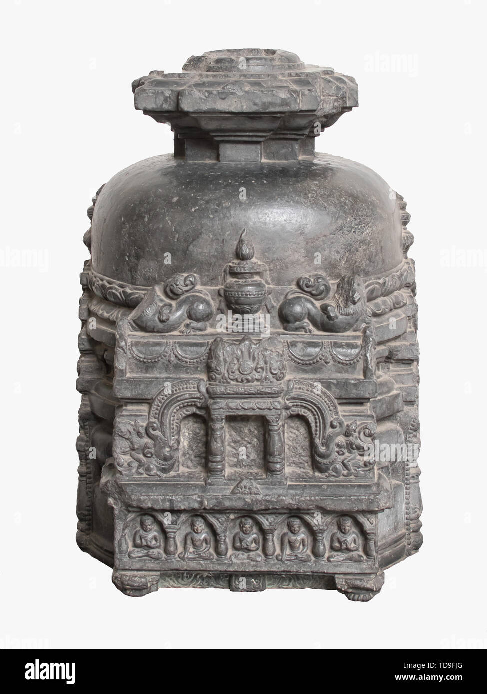 Archaeological sculpture of Votive stupa from Indian mythology of eleventh century, Basalt, Bodhgaya, Bihar Stock Photo