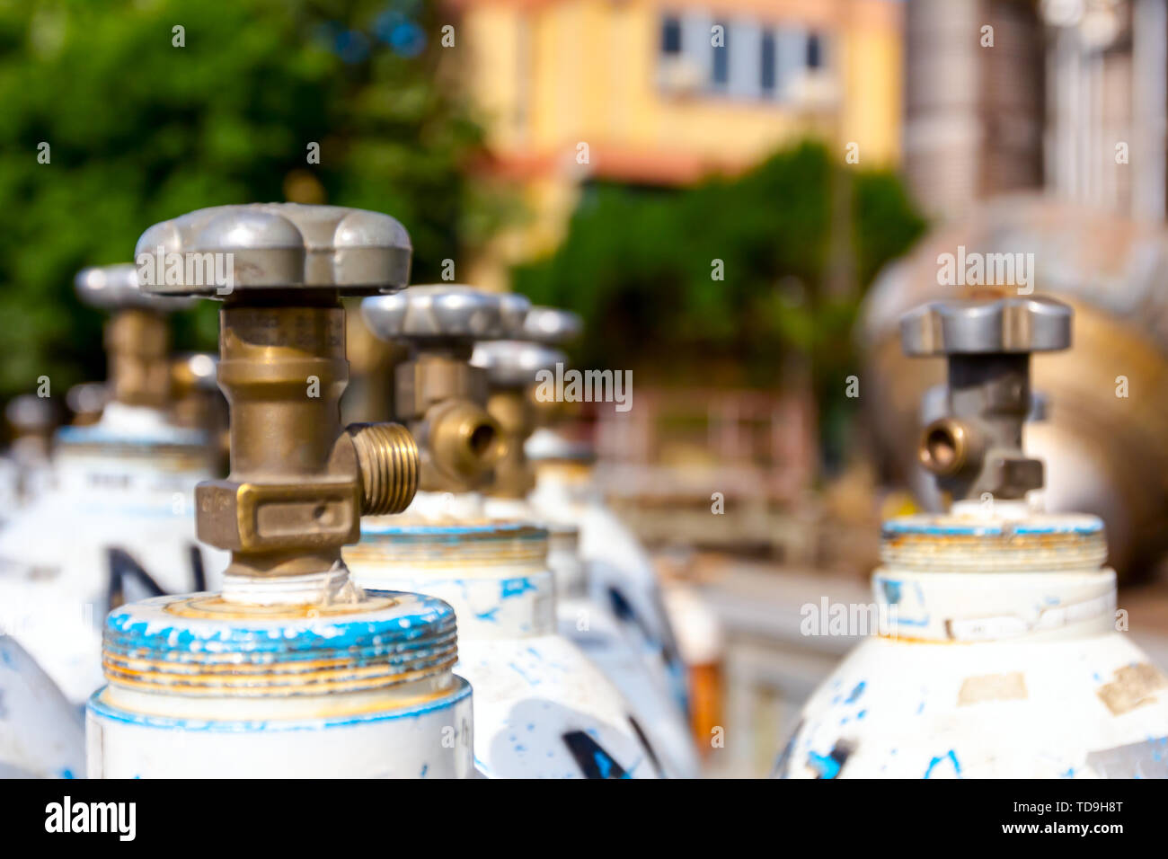 Used old gas welding tanks, for cutting scrap metal with torch at junkyard Stock Photo Alamy