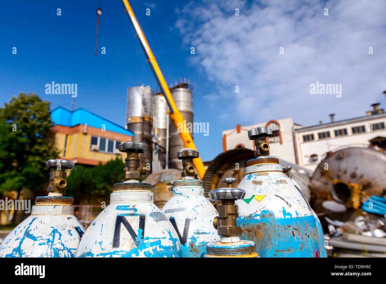 Used old gas welding tanks, for cutting scrap metal with torch at junkyard Stock Photo Alamy