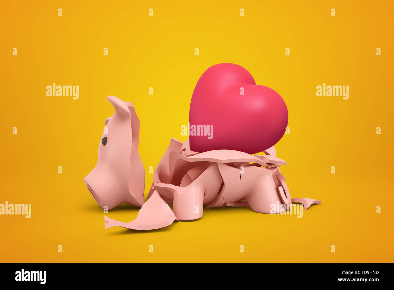 3d rendering of broken piggy bank with pink heart inside on yellow backgrou...