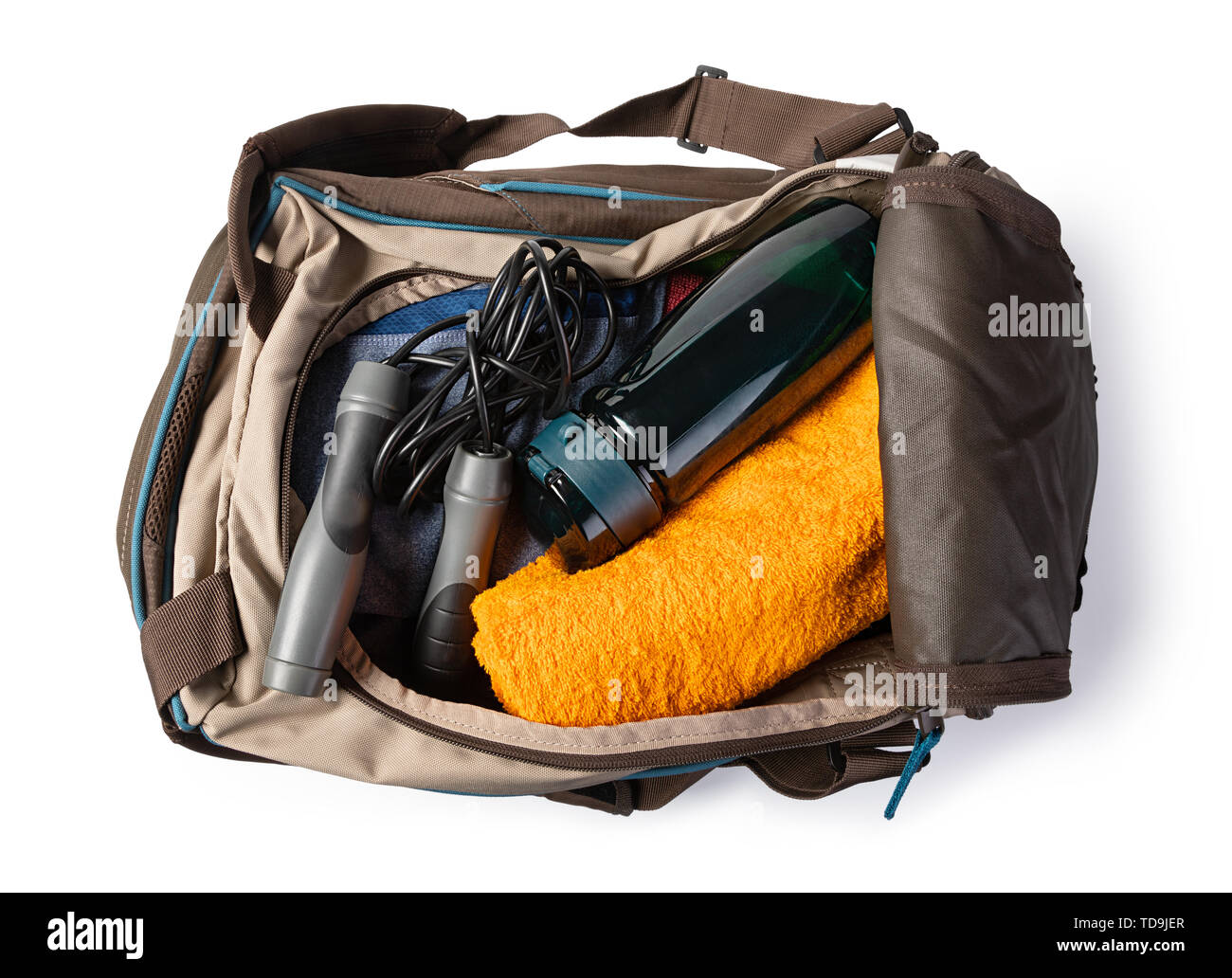 Sports bag with sports equipment Isolated on white background Stock Photo