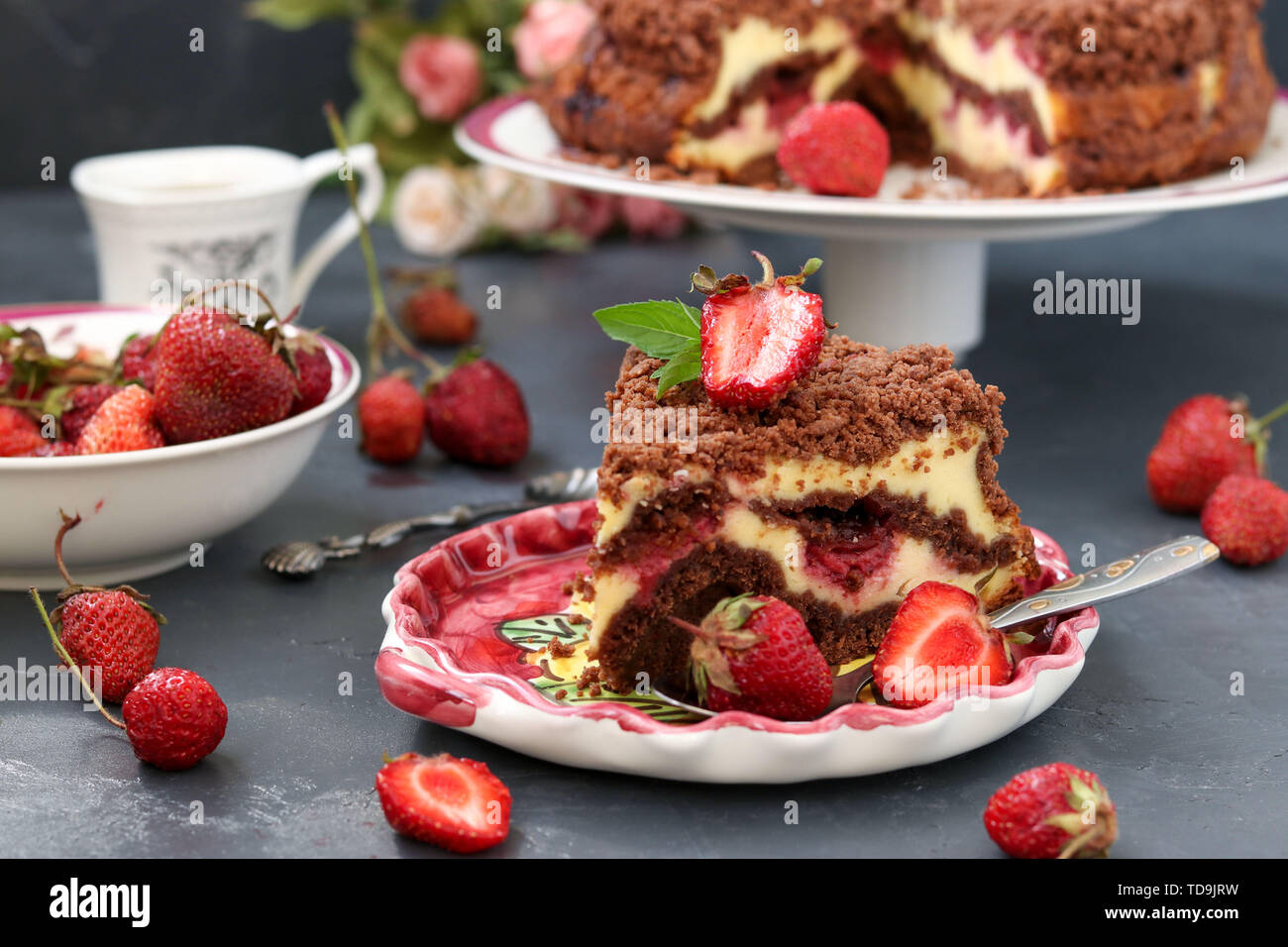 Chocolate Cake With Cottage Cheese With Strawberries Is Located On