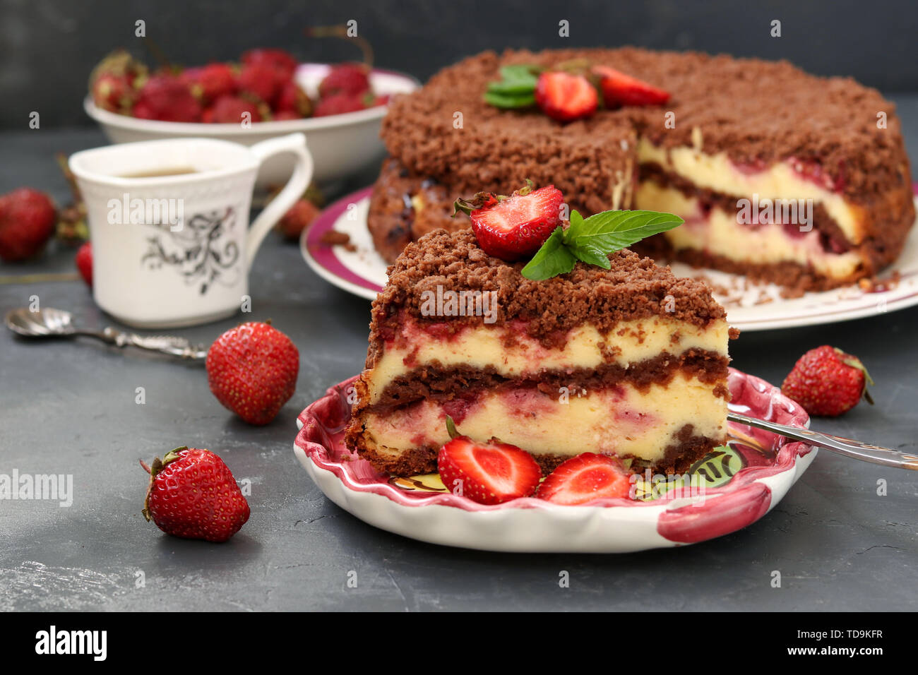 Chocolate Cake With Cottage Cheese With Strawberries Is Located On