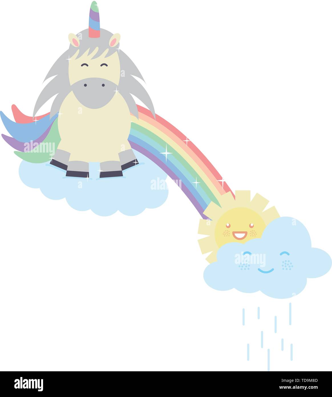 cute unicorn in rainbow with clouds and sun kawaii characters vector ...