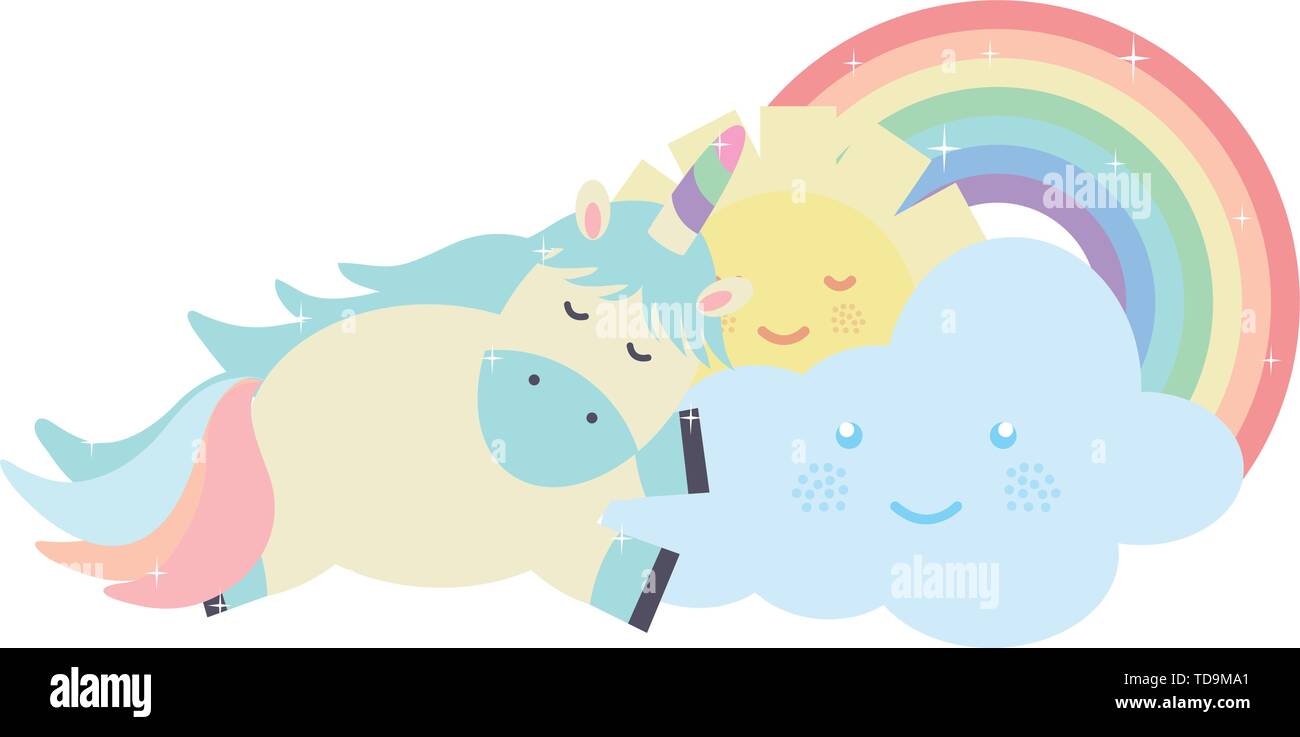 cute unicorn in rainbow with clouds and sun kawaii characters vector ...