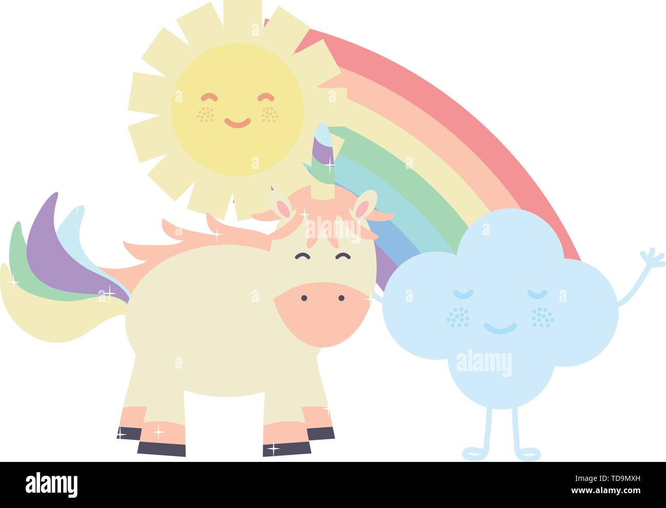 cute unicorn in rainbow with clouds and sun kawaii characters vector ...