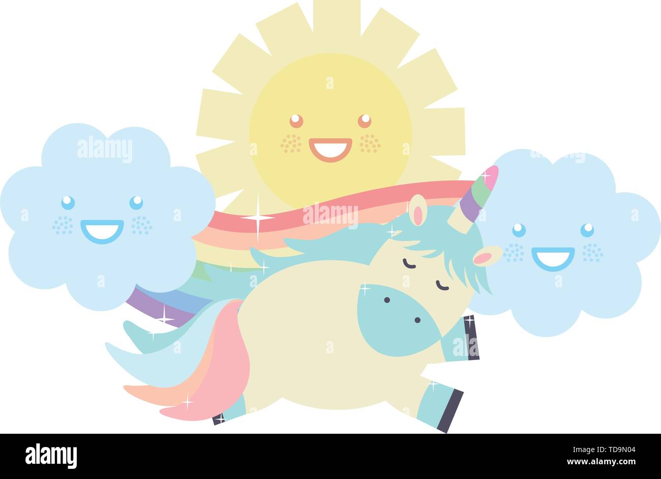 cute unicorn in rainbow with clouds and sun kawaii characters vector ...