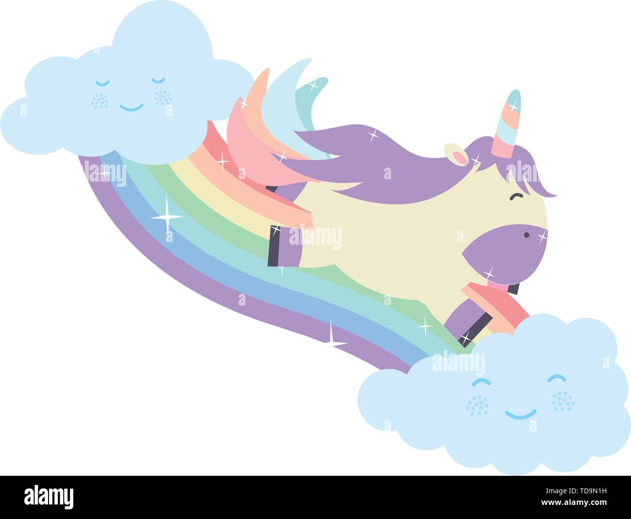 cute unicorn with clouds and rainbow kawaii characters vector ...