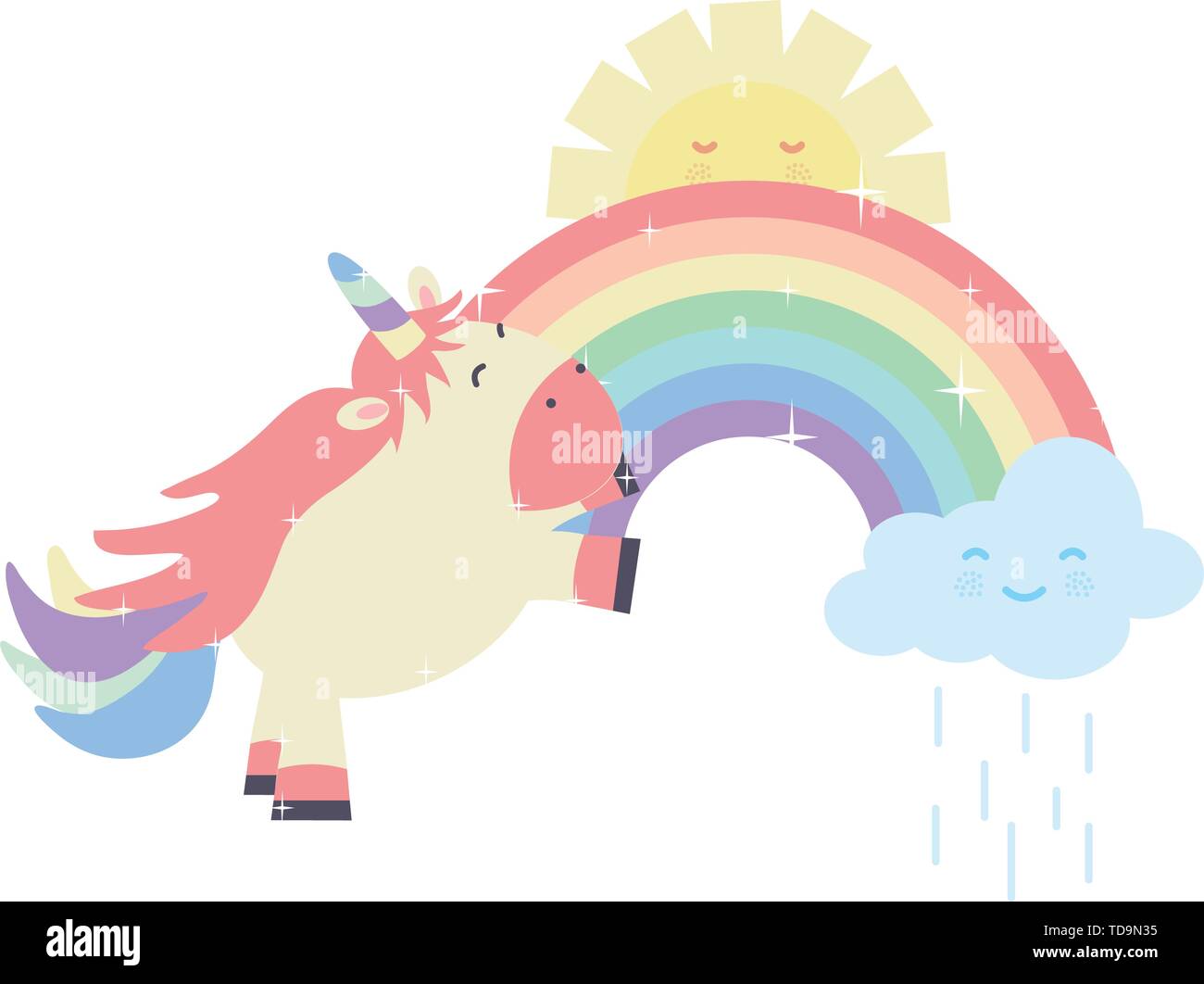 cute unicorn in rainbow with clouds and sun kawaii characters vector ...