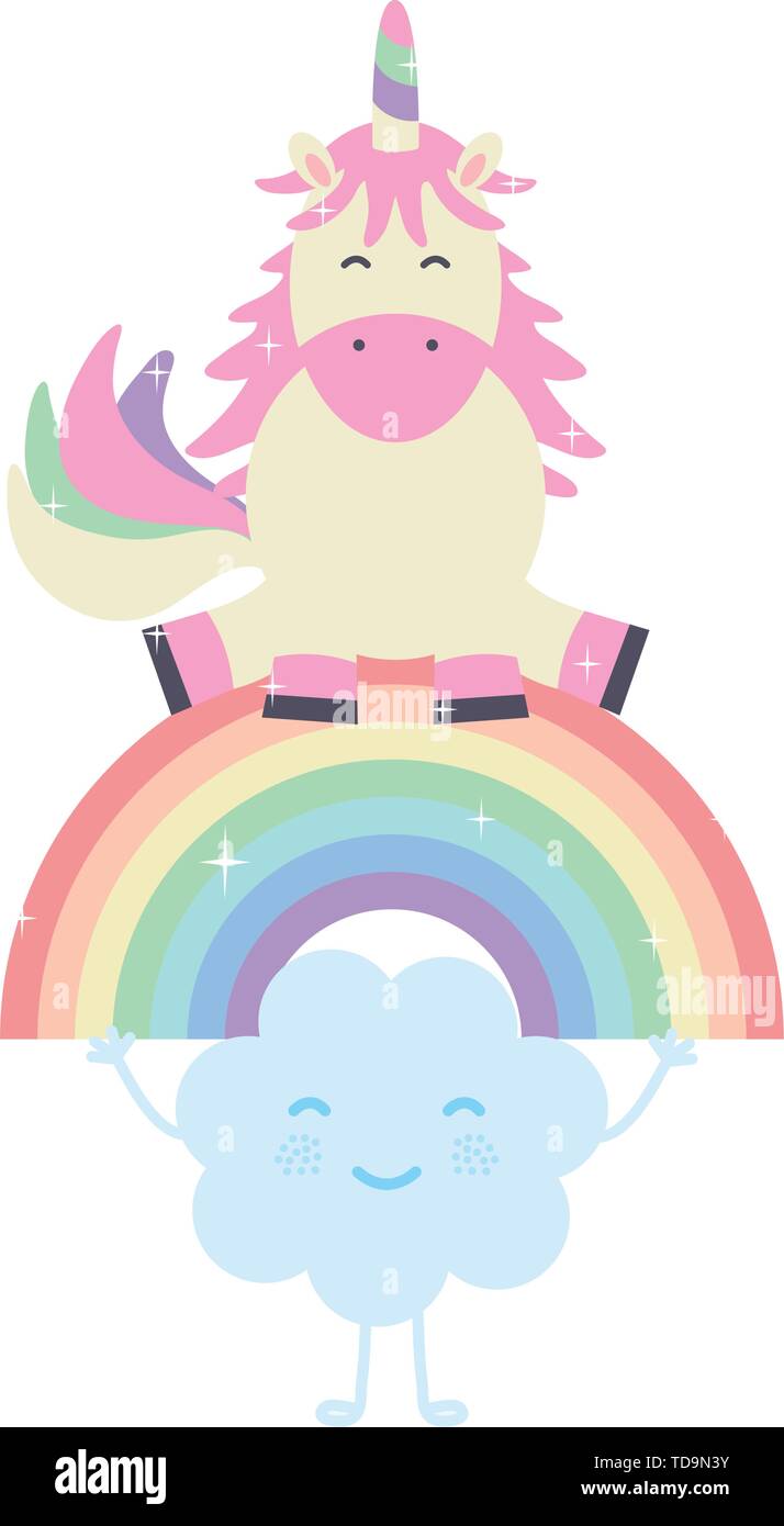 cute unicorn with clouds and rainbow kawaii characters vector ...