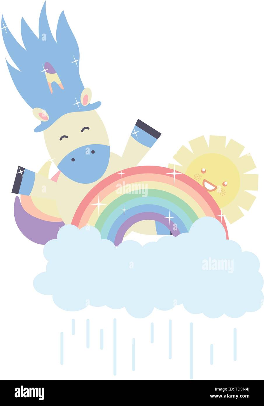 cute unicorn in rainbow with clouds and sun kawaii characters vector ...