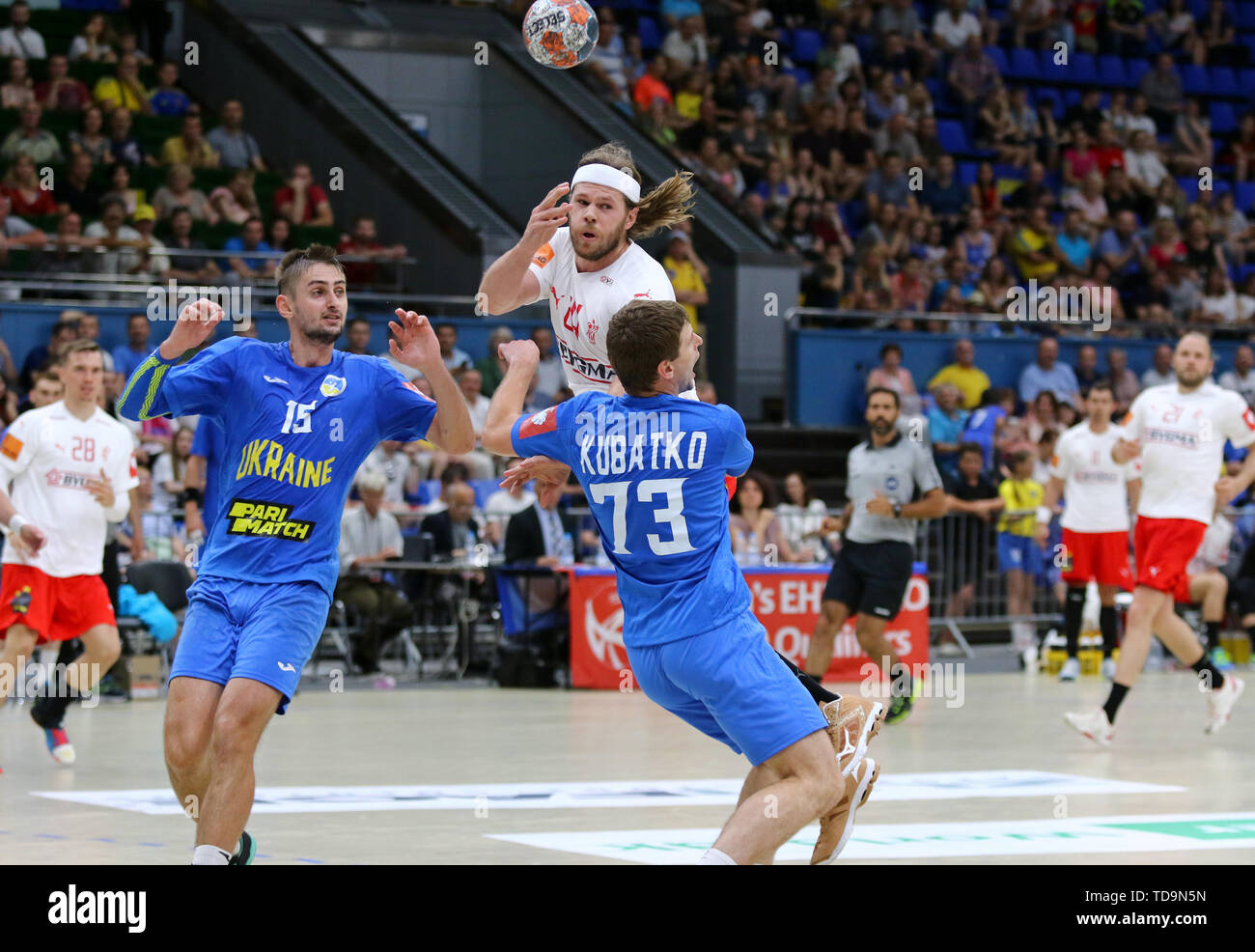 Kyiv Ukraine June 12 19 Mikkel Hansen Of Denmark C Fights For A Ball With Oleksandr Tilte And Iurii Kubatko Of Ukraine During Their Ehf Euro Stock Photo Alamy