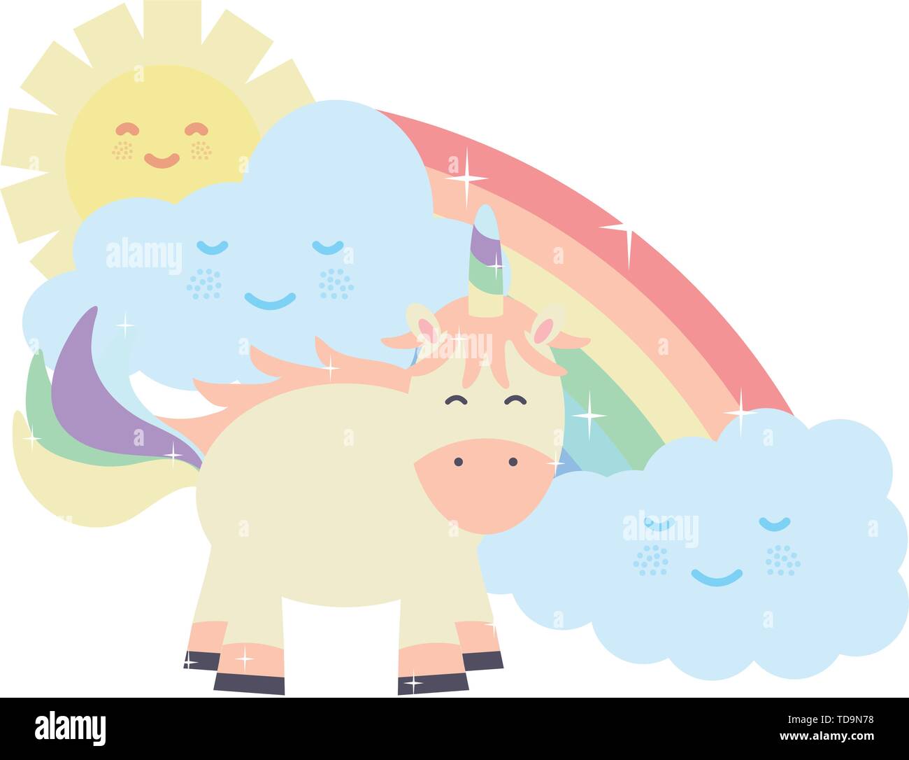 cute unicorn in rainbow with clouds and sun kawaii characters vector ...