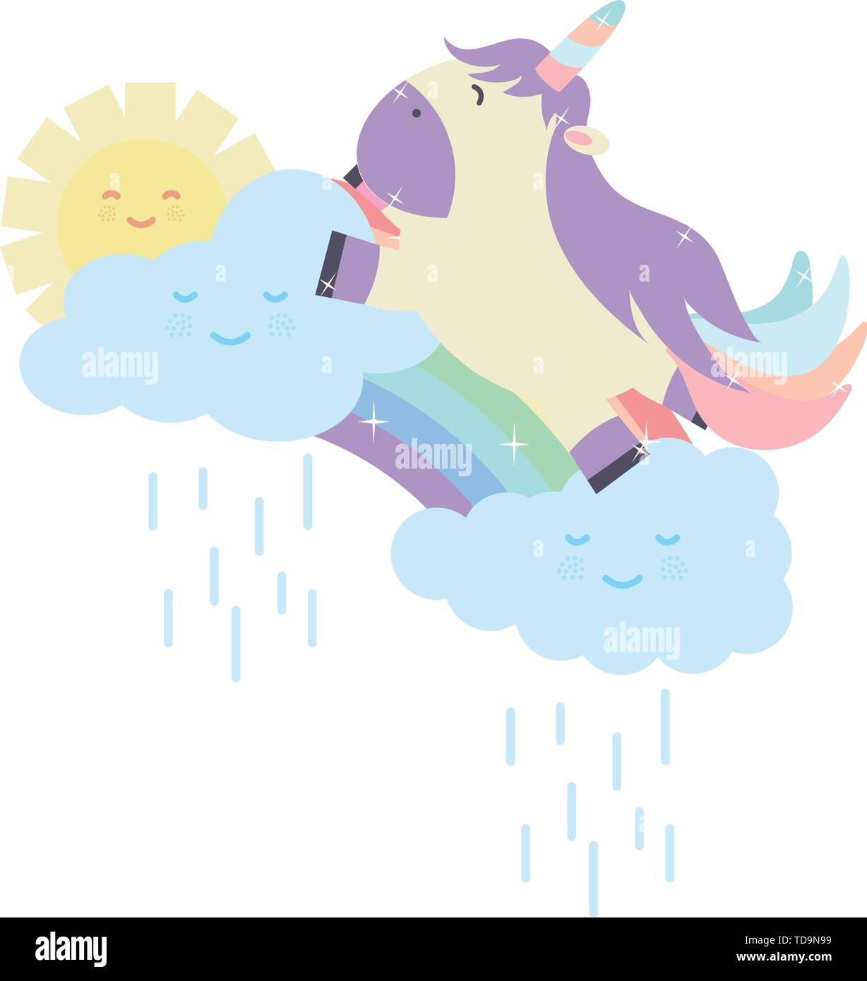 cute unicorn in rainbow with clouds and sun kawaii characters vector ...