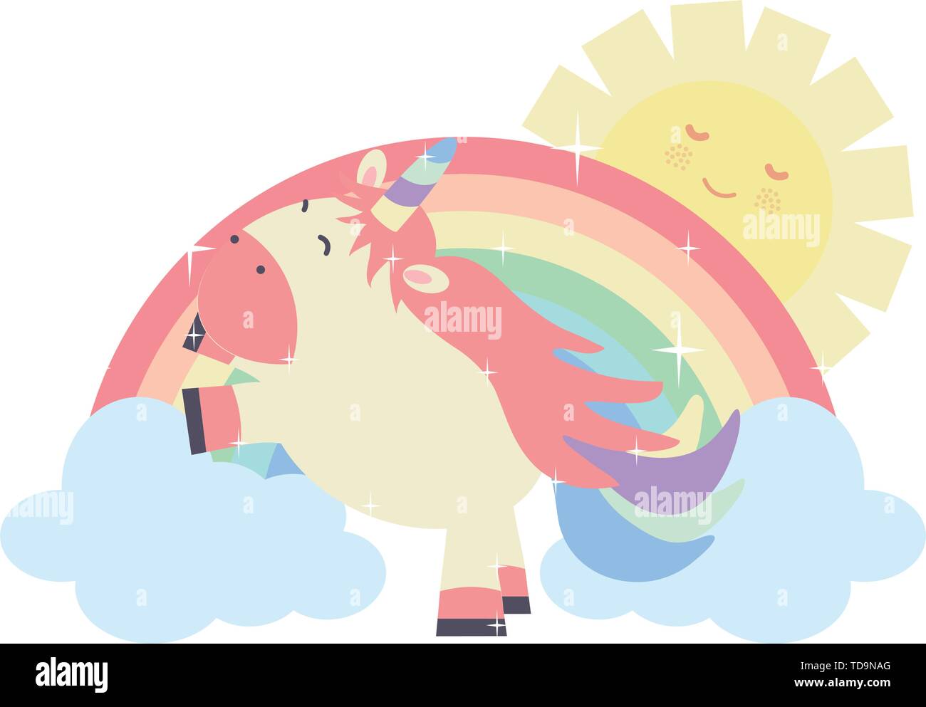 cute unicorn in rainbow with clouds and sun kawaii characters vector ...