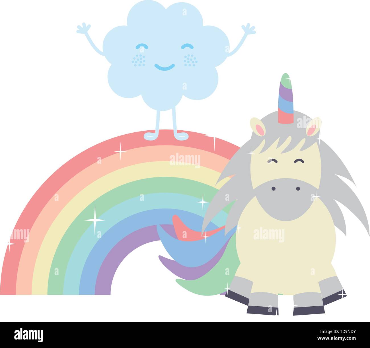 cute unicorn with clouds and rainbow kawaii characters vector ...