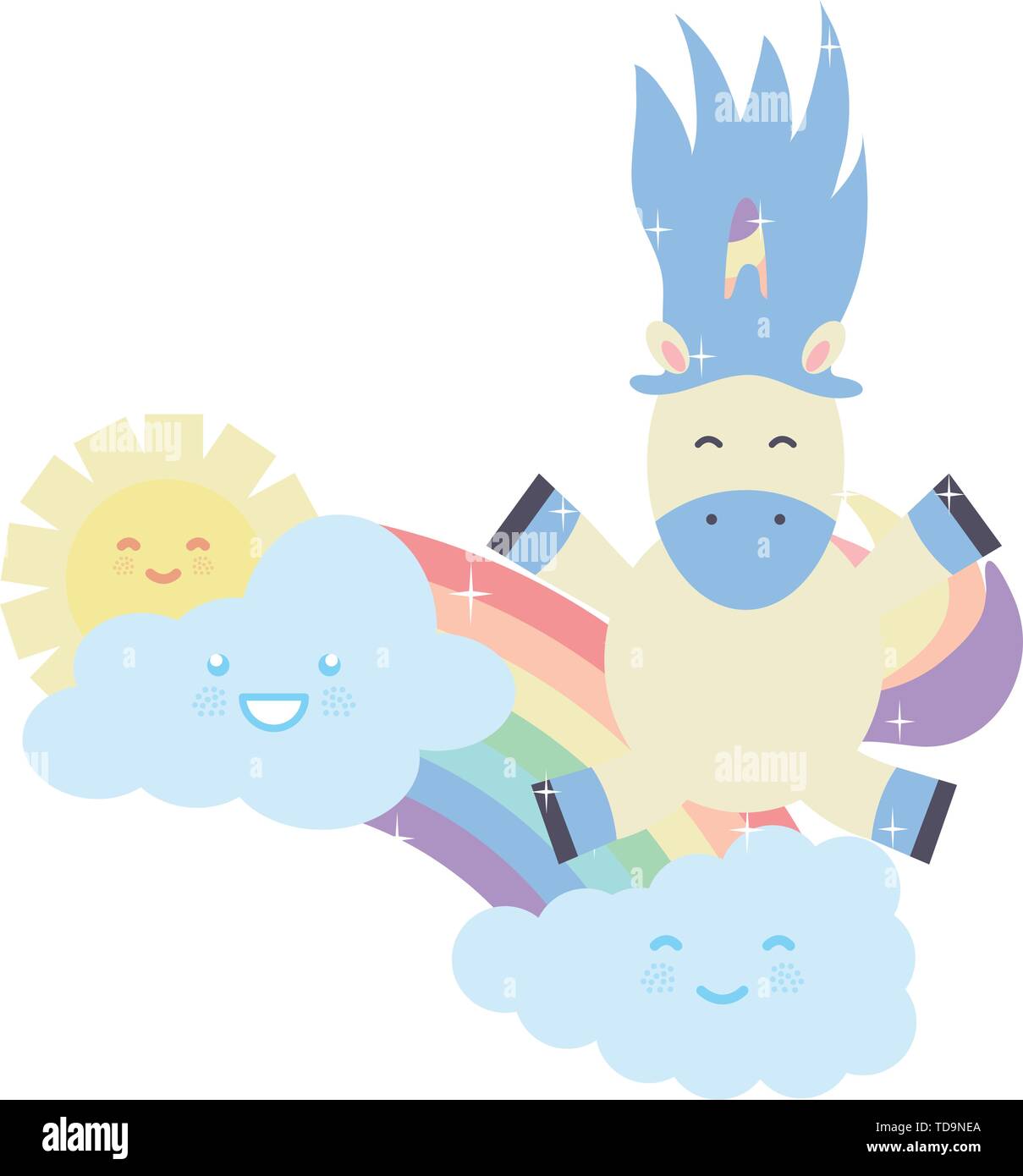 cute unicorn in rainbow with clouds and sun kawaii characters vector ...