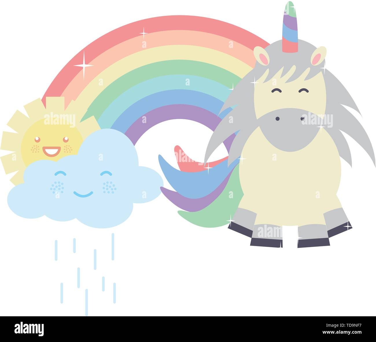 cute unicorn in rainbow with clouds and sun kawaii characters vector ...