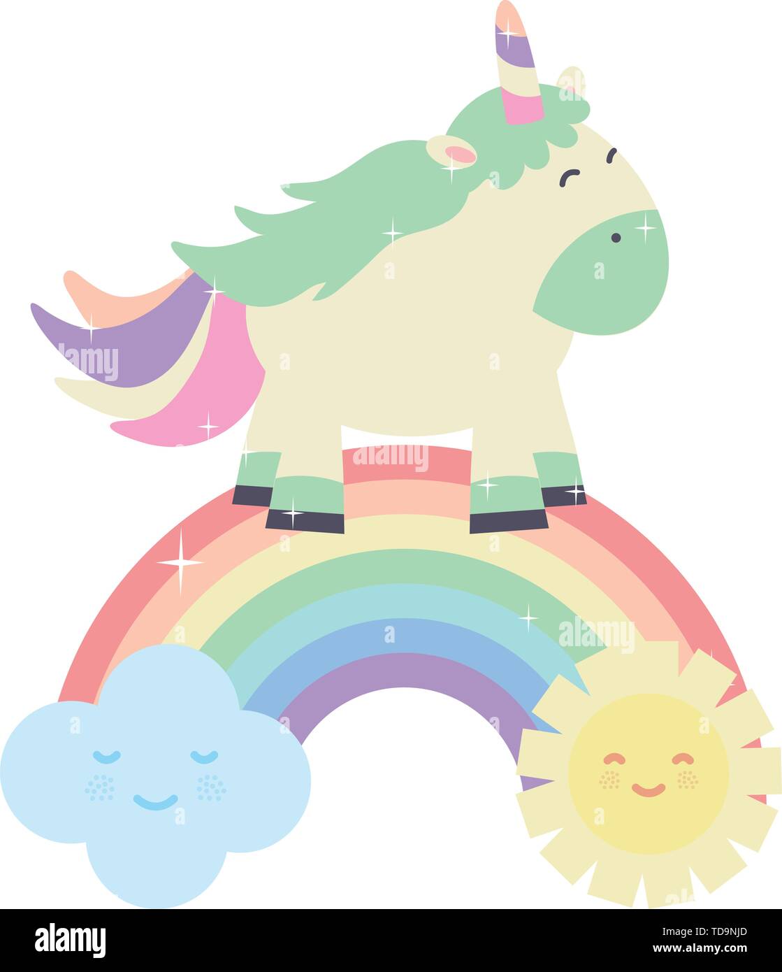 cute unicorn in rainbow with clouds and sun kawaii characters vector ...