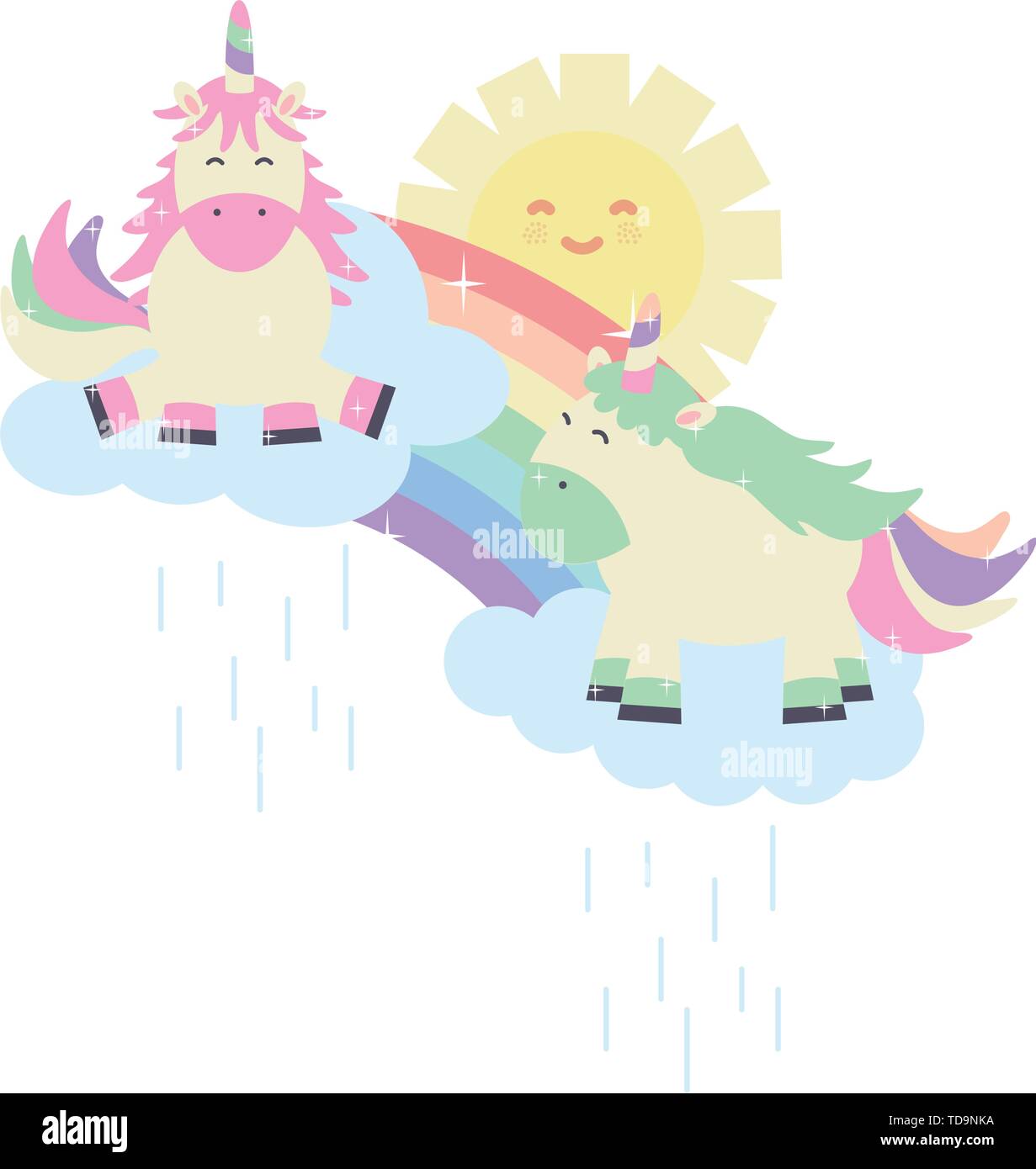 cute unicorns in rainbow with clouds and sun kawaii characters vector ...