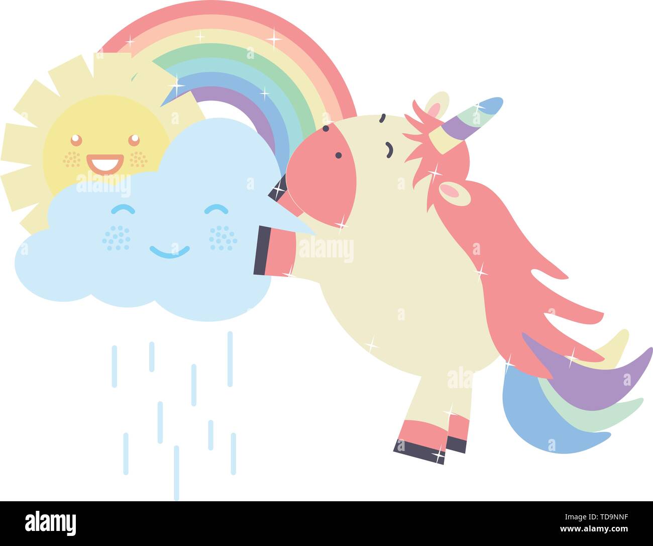 cute unicorn in rainbow with clouds and sun kawaii characters vector ...