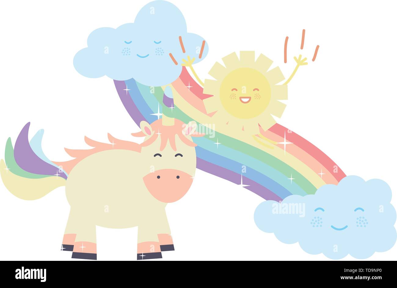cute unicorn in rainbow with clouds and sun kawaii characters vector ...
