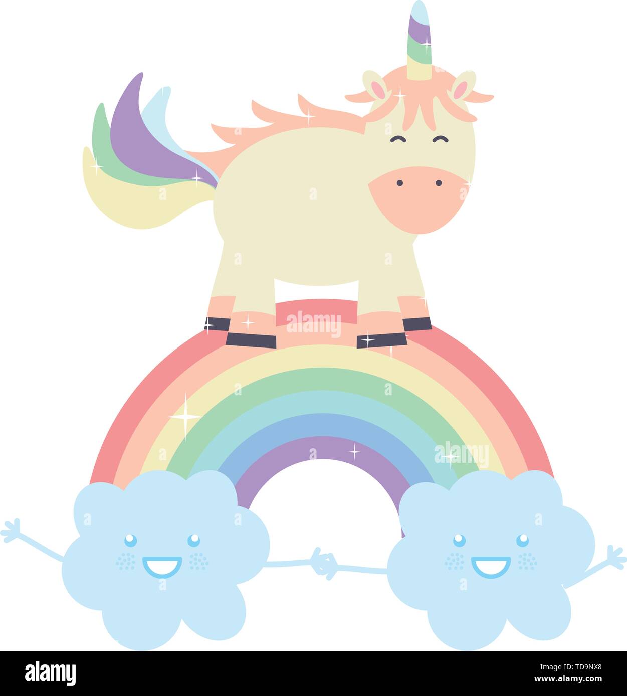 cute unicorn with clouds and rainbow kawaii characters vector ...