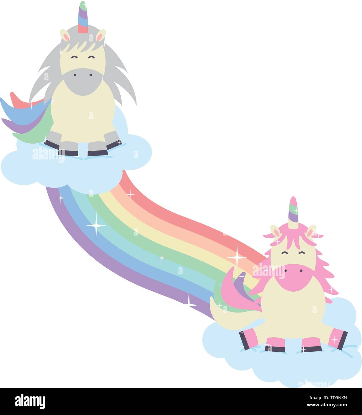 cute adorable unicorns with clouds and rainbow vector illustration ...