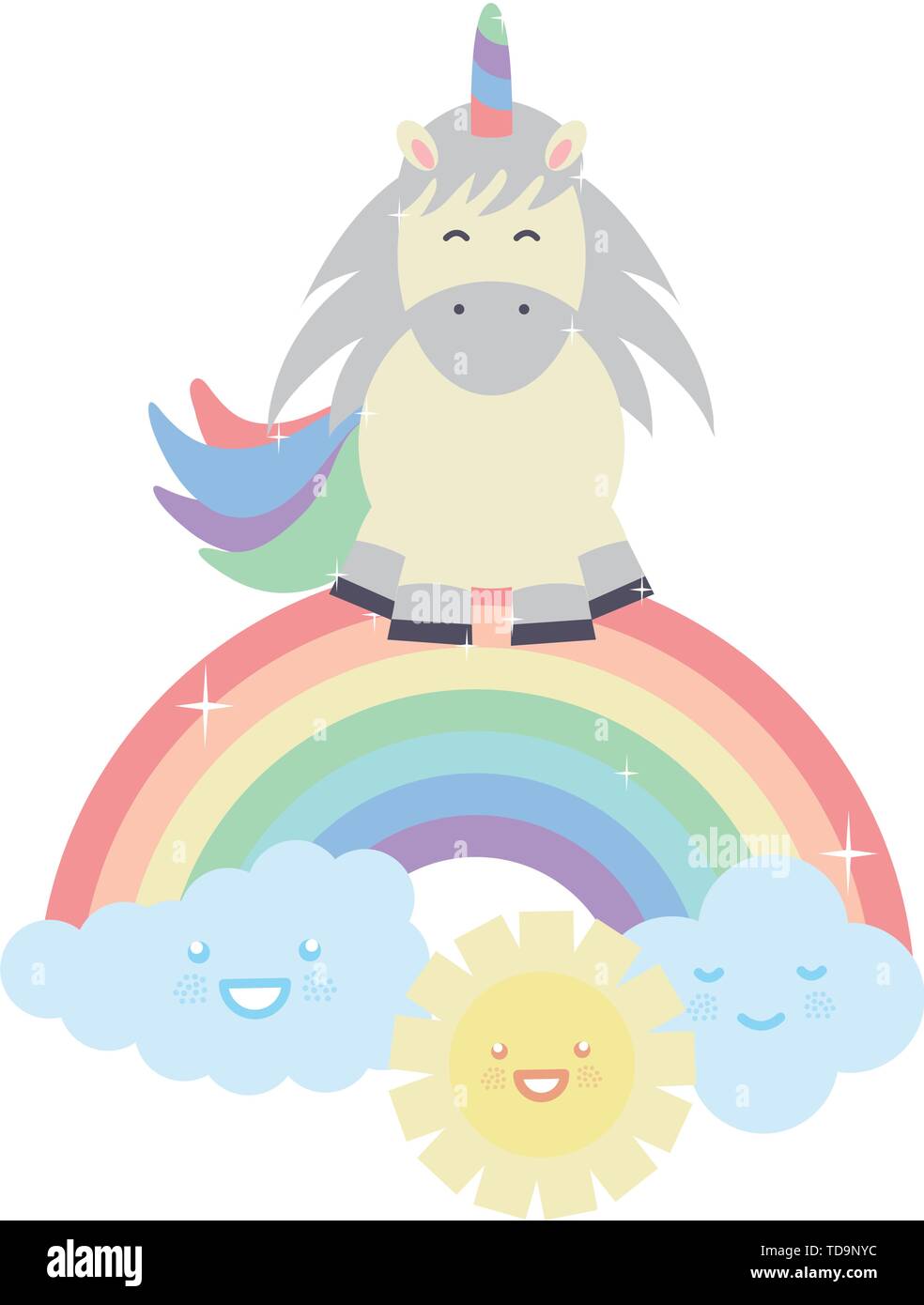 cute unicorn in rainbow with clouds and sun kawaii characters vector ...