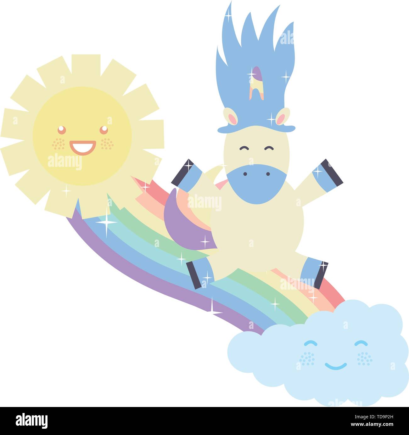 cute unicorn in rainbow with clouds and sun kawaii characters vector ...