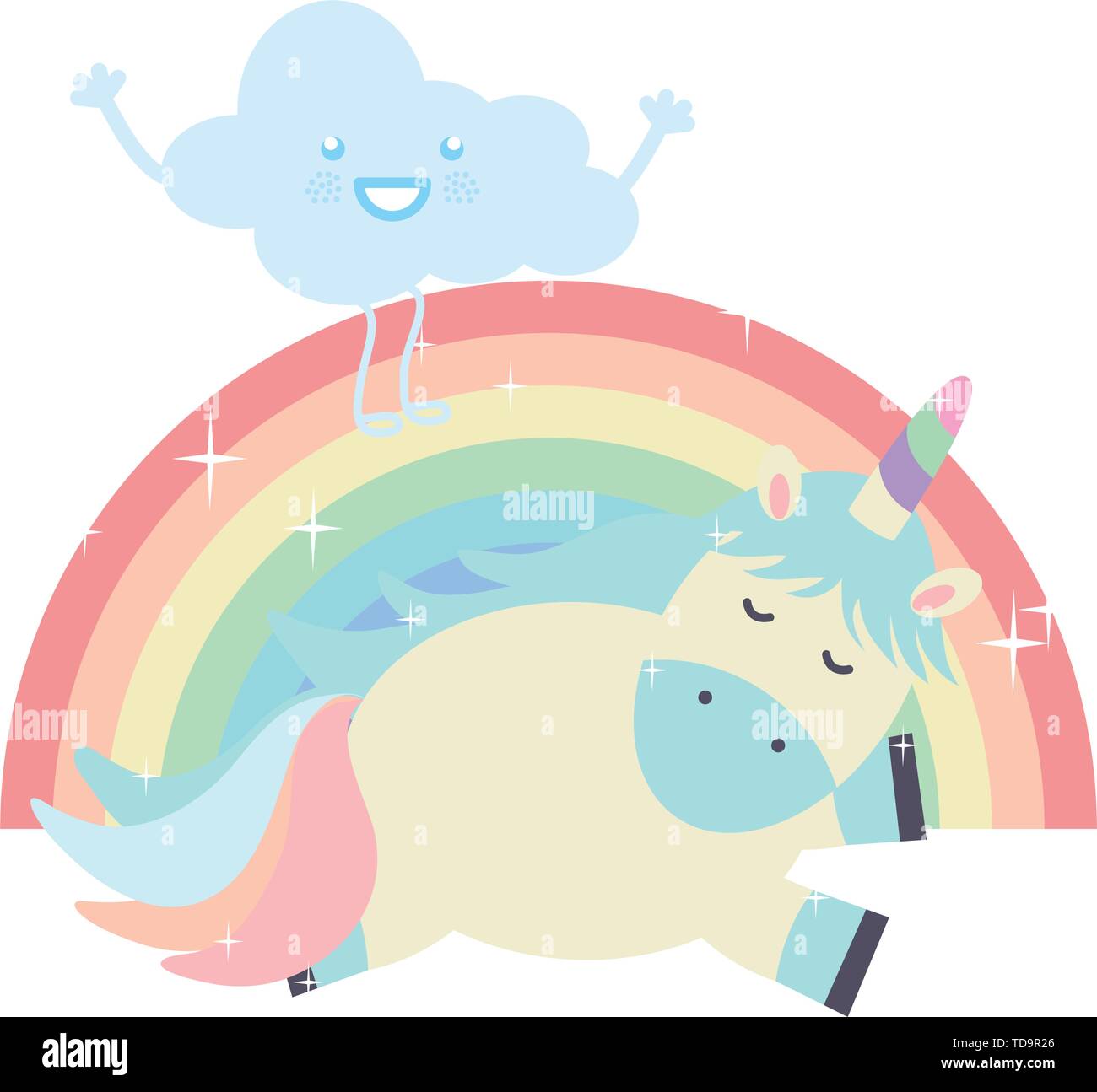 cute unicorn with clouds and rainbow kawaii characters vector ...