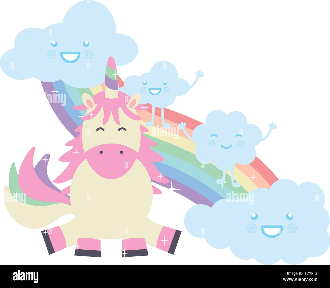 cute unicorn with clouds and rainbow kawaii characters vector ...