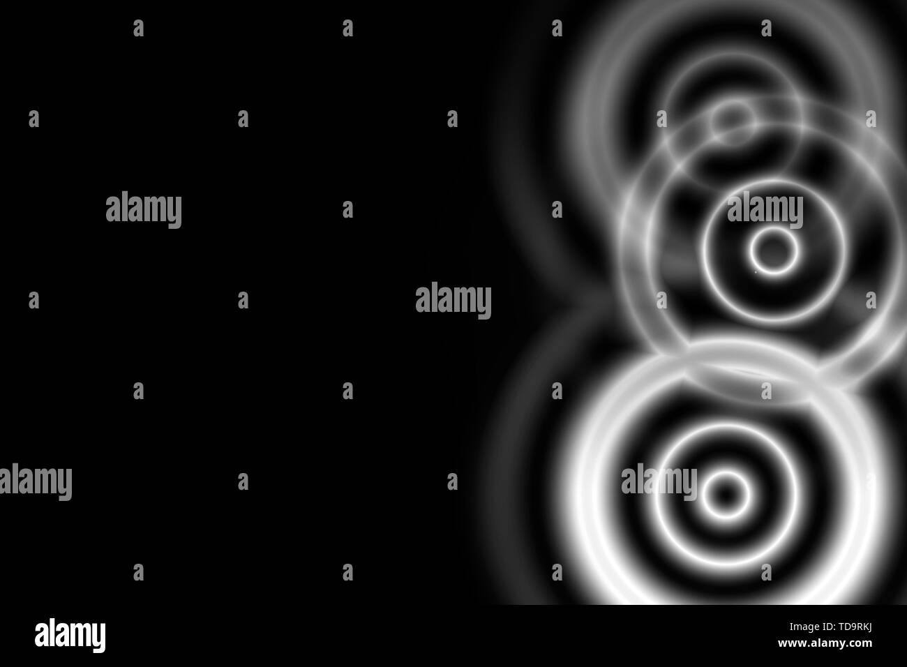 White overlapping circles with sound waves oscillating on black backdrop, abstract background Stock Photo