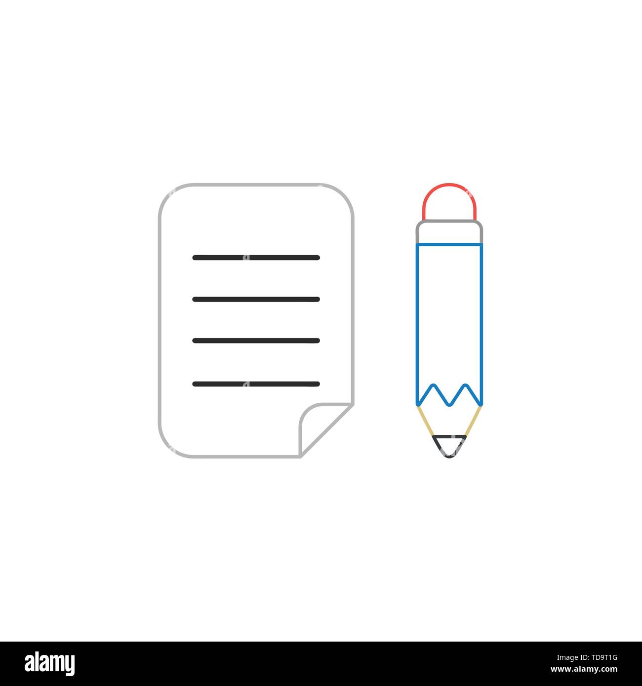 Vector icon concept of written paper with pencil. White background and ...