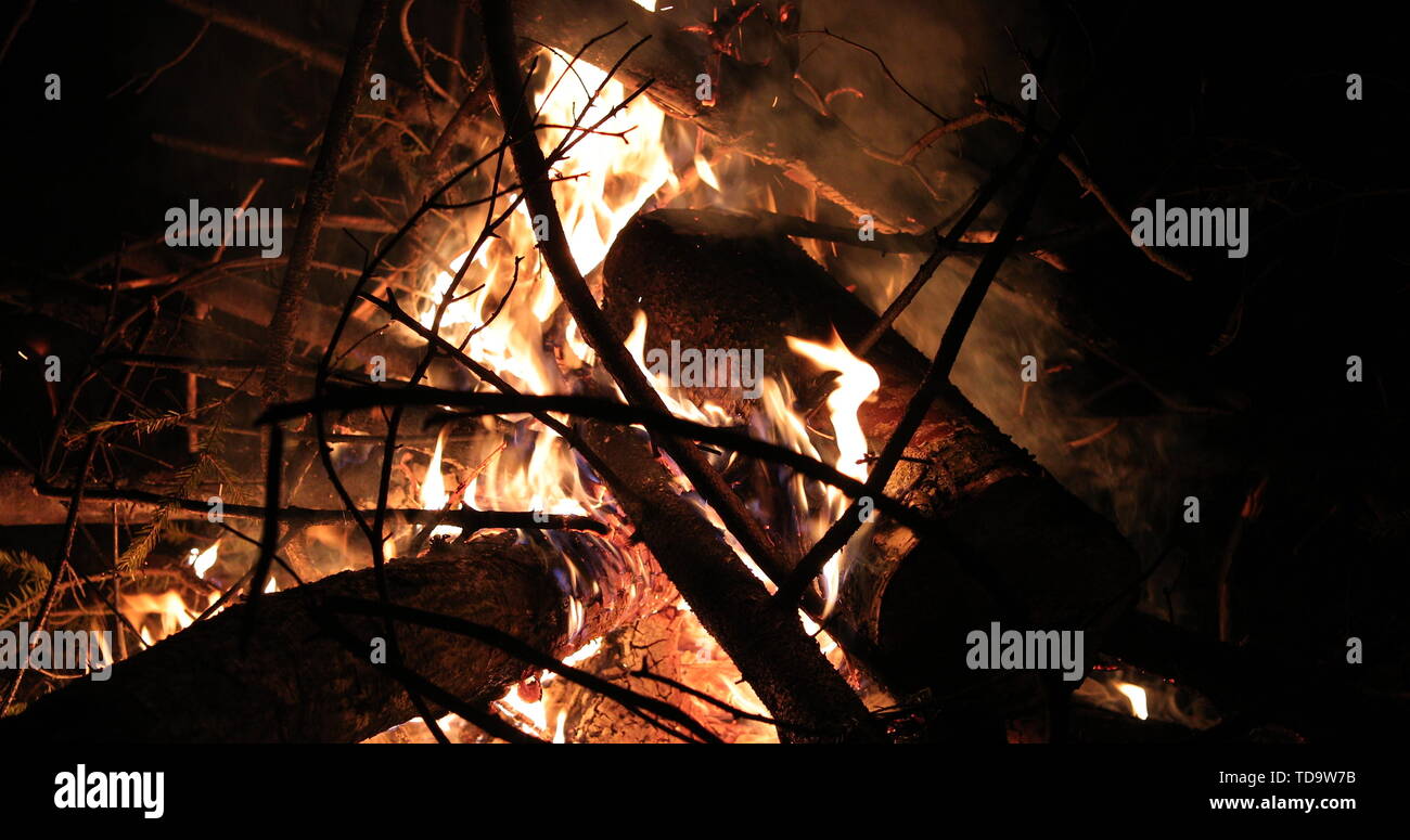 bright flaming of fire and hot wood at night Stock Photo - Alamy