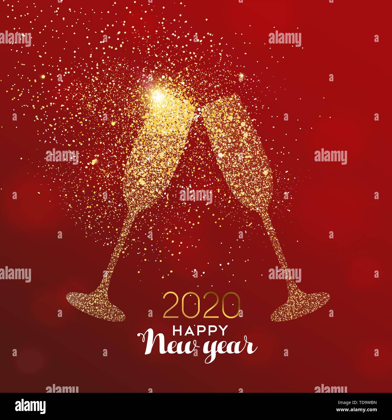 New Year 2020 luxury greeting card illustration, drink glass toast made of gold glitter texture