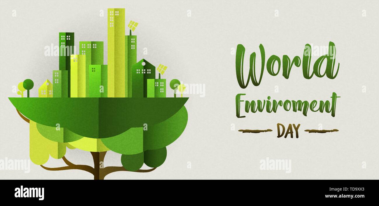 World Environment Day banner for ecology concept. Eco friendly green city growing from tree. Stock Vector
