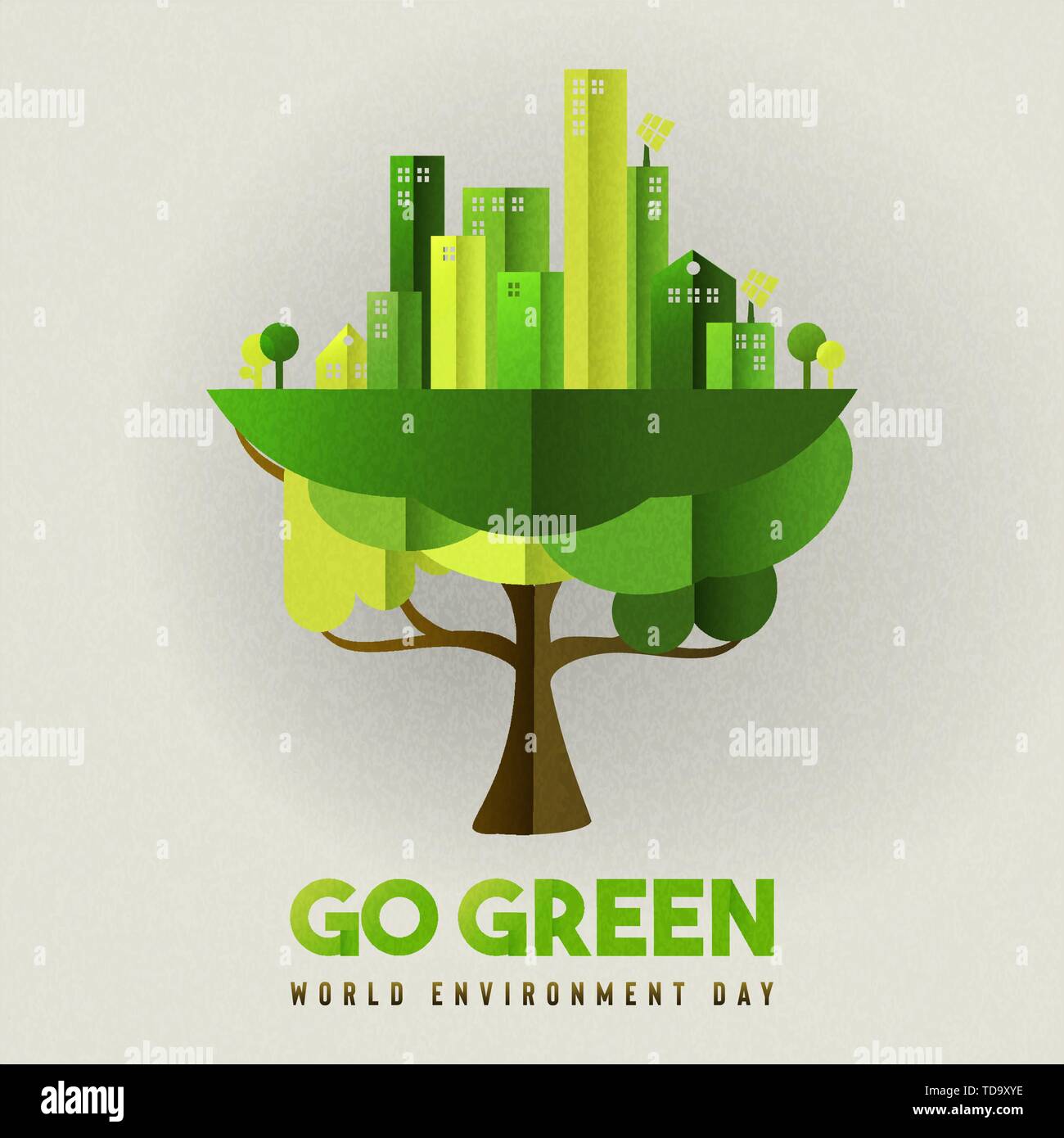 World Environment Day illustration for ecology concept. Eco friendly green city growing from tree. Stock Vector